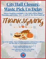 Mayor Hopkins Reminder: City Hall Closed for Thanksgiving Holiday, Nov. 27 & 28